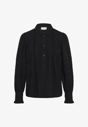 Schwarze Bluse mit langen Ärmeln, Frontknöpfen, Piqué- und Spitzen Details, puffigen Schultern und gerafften Manschetten.