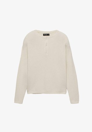 Long-sleeve, crew-neck sweater in light beige, featuring three-button placket, ribbed cuffs, and straight hem made from soft, textured fabric.