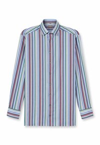 Gestreiftes Langarmhemd in Hellblau, Grün, Rot und Weiß. Verfügt über einen Button-Down-Kragen und vertikale Streifen in unterschiedlichen Breiten.