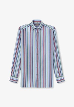 Gestreiftes Langarmhemd in Hellblau, Grün, Rot und Weiß. Verfügt über einen Button-Down-Kragen und vertikale Streifen in unterschiedlichen Breiten.