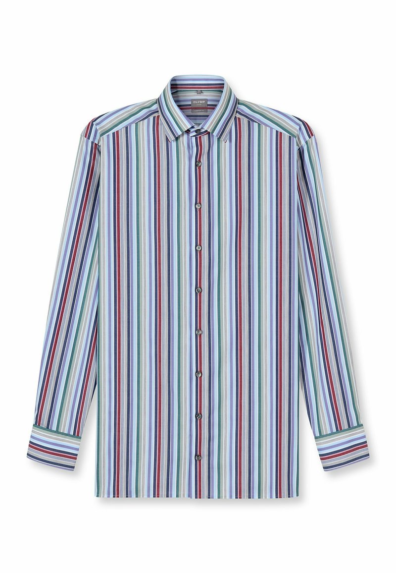 Gestreiftes Langarmhemd in Hellblau, Grün, Rot und Weiß. Verfügt über einen Button-Down-Kragen und vertikale Streifen in unterschiedlichen Breiten.