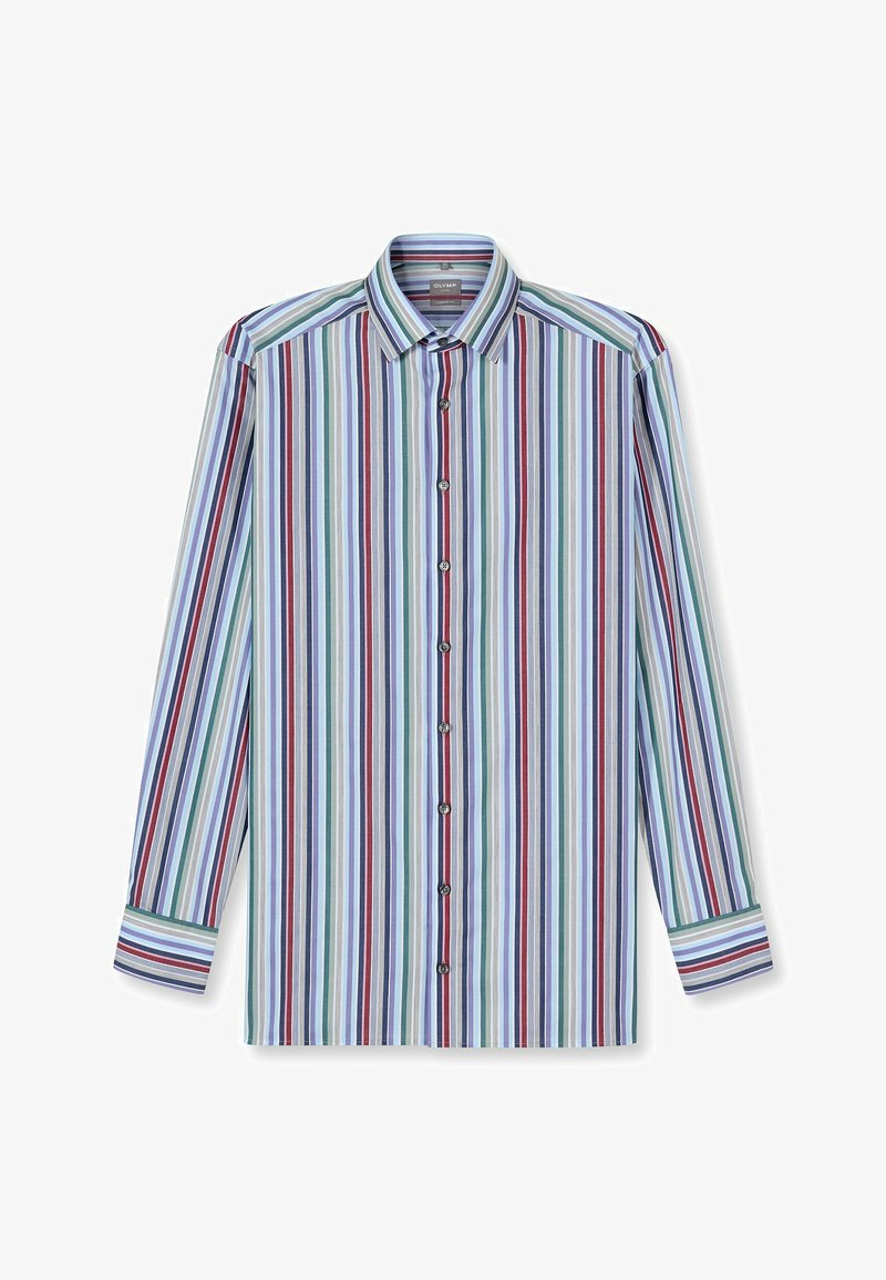 Gestreiftes Langarmhemd in Hellblau, Grün, Rot und Weiß. Verfügt über einen Button-Down-Kragen und vertikale Streifen in unterschiedlichen Breiten.