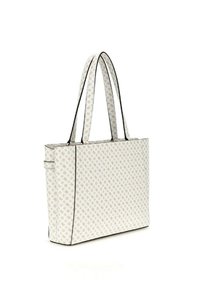 Borsa tote bianca con un motivo rosa pallido ripetuto, bordi neri e manici doppi. Forma rettangolare con lati strutturati e base piatta.