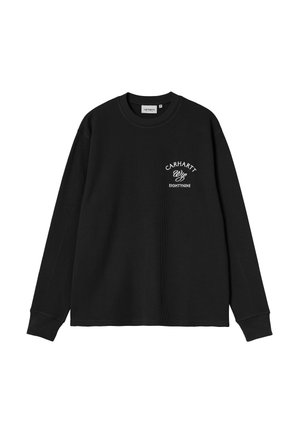 Czarna koszulka z długim rękawem o fakturze wafelkowej z białym logo tekstowym Carhartt WIP EIGHTYNINE na lewej piersi oraz ściągaczami na mankietach.