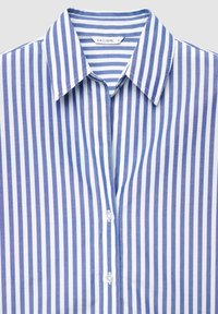 Blue and white striped button-up shirt with a pointed collar, featuring vertical stripes and a smooth fabric texture.