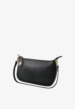 Black leather handbag with a textured finish, gold-toned hardware, zip closure, and a detachable shoulder strap. Compact and asymmetrical shape.