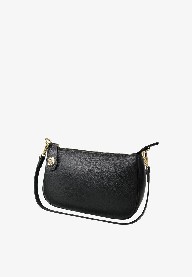 Schwarze Lederhandtasche mit strukturierter Oberfläche, goldfarbener Hardware, Reißverschluss und abnehmbarem Schultergurt. Kompakte und asymmetrische Form.