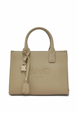 Bež struktura torba z izbočenim napisom "LIU JO MILANO", dvema ročajema in dekorativnim usnjenim trakom z majhno obeskom v obliki ključavnice.