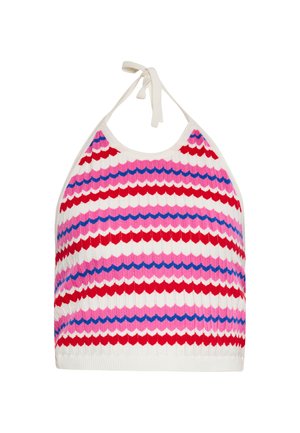 Spleciony halter crop top z wzorem zygzaka w czerwone, różowe i niebieskie pasy na białym tle. Zawiązywanie na szyi, fakturowany materiał.