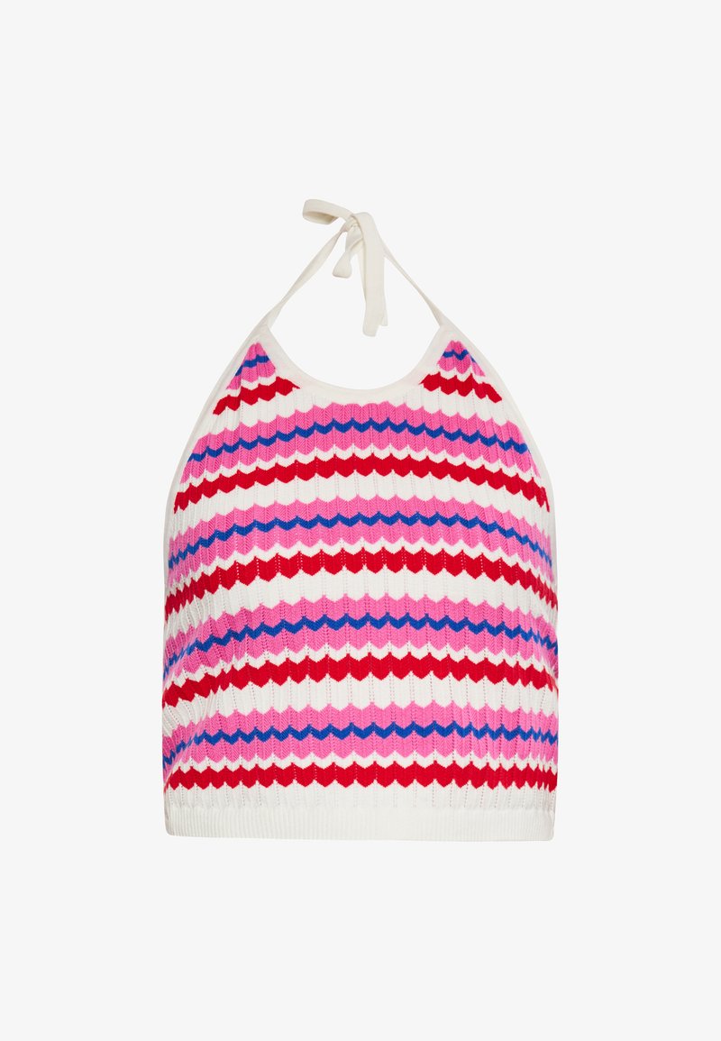 Top scurt tricotat cu fir în zigzag în dungi roșii, roz și albastre pe un fundal alb. Se leagă la gât, țesătură texturată.