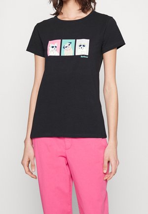 Czarna bawełniana koszulka z nadrukiem trzech ilustrowanych psów w okularach przeciwsłonecznych na pastelowych tłach. Krótkie rękawy, okrągły dekolt.