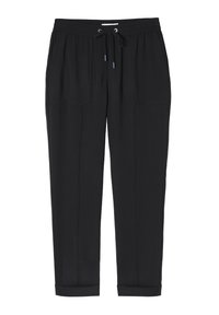 Schwarze, schmale Jogginghosen mit einem elastischen Bund, Kordelzug, zwei seitlichen Taschen und umgeschlagenen Säumen. Hergestellt aus einem glatten, leichten Stoff.