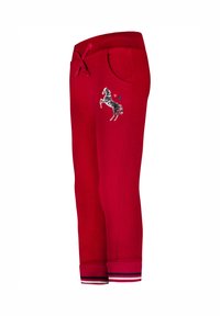 Rode katoenen joggers met een verstelbare tailleband met trekkoord, zijzak, decoratief ontwerp van een paard en hart, en gestreepte boorden in marineblauw en wit.