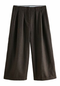 Pantaloni maro cu talie înaltă și picioare largi, cu pliseuri frontale, buzunare laterale și un model discret în herringbone.