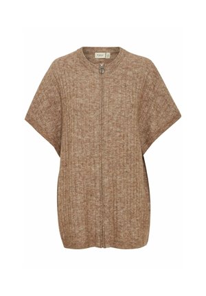 Cardigan a coste marrone con maniche corte, dotato di chiusura frontale con zip e scollatura rotonda. Texture morbida e design a vestibilità ampia.