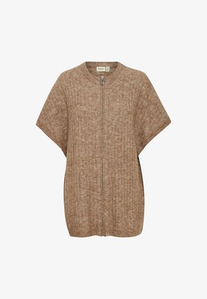 Cardigan côtelé marron à manches courtes, avec une fermeture éclair à l'avant et un col rond. Texture douce et coupe ample.