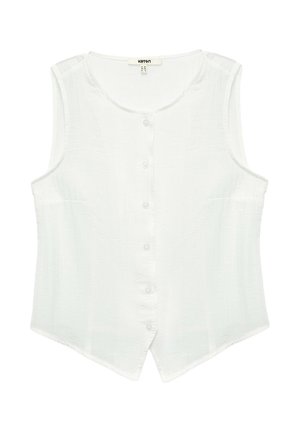 Camicia bianca senza maniche con scollo rotondo e orlo appuntito, tessuto leggero casual.
