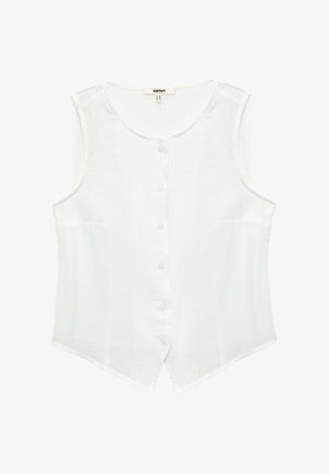 Camicia bianca senza maniche con scollo rotondo e orlo appuntito, tessuto leggero casual.