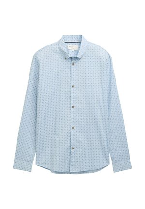 Lichtblauw langmouw overhemd met een klein geometrisch patroon, voorzien van een spread collar en vijf knopen aan de voorkant.