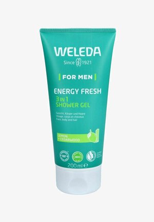 Türkisfarbene Tube des Weleda For Men Energy Fresh 3-in-1 Duschgels. Mit grünen Akzenten und Schriftzug. Enthält Zitrone und Zedernholz. 200 ml.