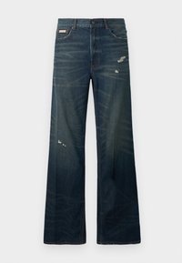 Jeans cu picioare late, din denim închis, cu estompare ușoară și zone uzate. Include un sistem de închidere cu buton și un design clasic cu cinci buzunare.
