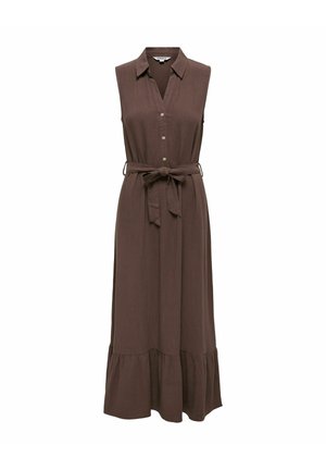 Vestido maxi marrón sin mangas con cuello, botones delanteros, cinturón para atar a la cintura y bajo con volantes.