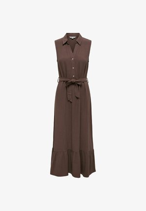 Barna, ujjatlan maxi ruha gallérral, elöl gombos, önmegkötős övvel a deréknál és fodros szegéllyel.