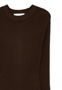 Ribidega pruun sviiter, millel on ümmargune kaelus ja raglanvarrukad, valmistatud tekstuurilisest kudumismaterjalist, mis rõhutab selle struktureeritud disaini.