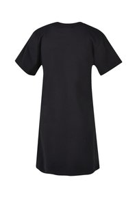 Schwarzes T-Shirt-Kleid mit kurzen Ärmeln, lockerer Passform, rundem Ausschnitt und weichem Baumwollstoff. Schlichtes Design ohne Muster oder Akzente.