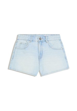 Vaaleansiniset farkkushortsit, joissa on etunappi, vetoketju, vyölenkit ja viiden taskun malli valkoisella taustalla.