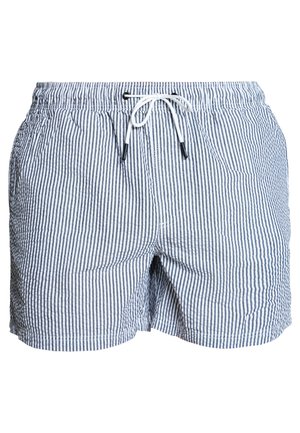 Striped swim shorts with a drawstring waistband, featuring a blue and white vertical stripe pattern, lightweight fabric, and side pockets.