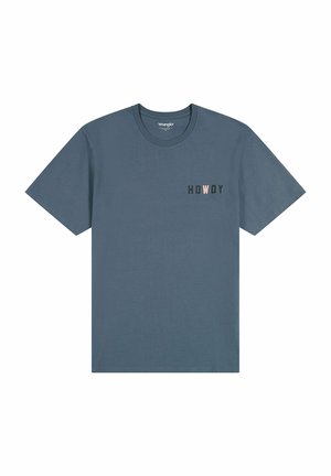 T-shirt in cotone blu con maniche corte, caratterizzata dalla parola "HOWDY" in colori contrastanti nella parte sinistra del petto.