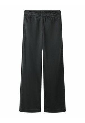 Zwarte wijde broek met elastische tailleband en zijzakken, plat getoond tegen een witte achtergrond.