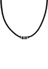 Schwarze geflochtene Lederhalskette mit einem metallischen zylindrischen Mittelpunkt, der horizontale schwarze und silberne Streifen aufweist.