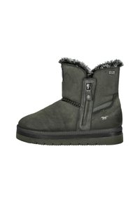 Graue Wildleder-Ankelstiefel mit Kunstfellfutter, seitlichem Reißverschluss und Gummisohle. Verfügt über genähte Akzente und Logo.