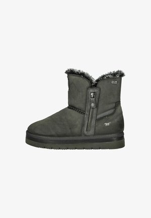 Graue Wildleder-Ankelstiefel mit Kunstfellfutter, seitlichem Reißverschluss und Gummisohle. Verfügt über genähte Akzente und Logo.