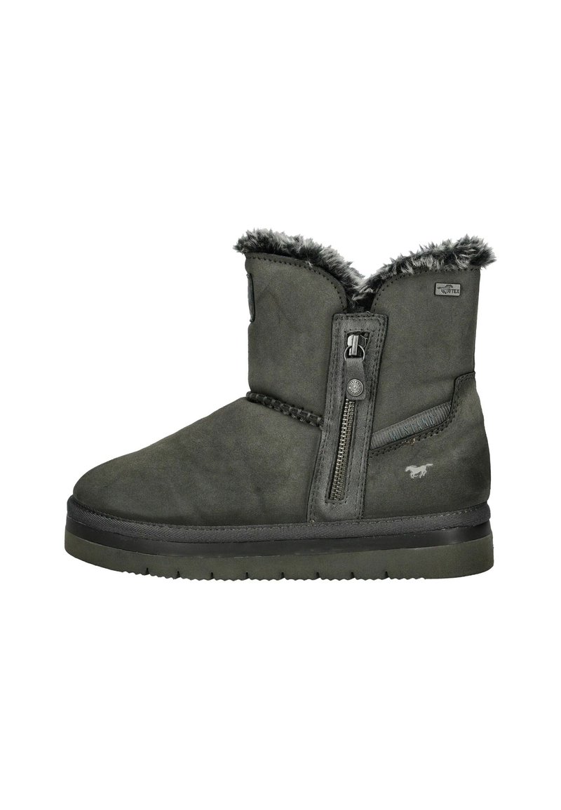 Graue Wildleder-Ankelstiefel mit Kunstfellfutter, seitlichem Reißverschluss und Gummisohle. Verfügt über genähte Akzente und Logo.