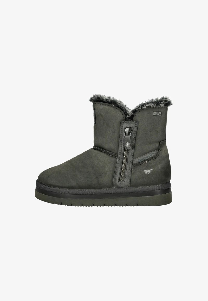 Stivale alla caviglia in suede grigio con fodera in pelliccia sintetica, dettaglio con zip laterale e suola in gomma. Presenta accenti cuciti e logo.