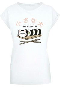 Witte katoenen T-shirt met een grafiek van een glimlachende kat en sushi rollen, met de tekst "Ramen Company" in zwart en pasteltinten.