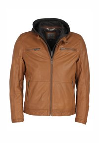 Tan læderjakke med en figursyet design, der har en aftagelig mørkegrå hætte, lynlåslommer på brystet og siden, samt en glat overflade.