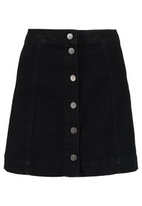 Schwarzer Denim-Rock mit geradem Schnitt, hoher Taille, fünf vorderen Knöpfen und rohem Saum. Das Material hat eine glatte Textur.