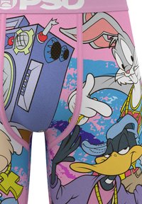 Pink boxer briefs featuring a vibrant cartoon print with Bugs Bunny and Daffy Duck, complemented by a playful pattern and soft texture.