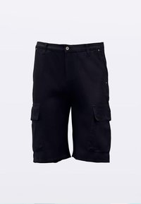 Black cargo shorts made of cotton blend fabric, featuring side pockets, a button closure, and a straight cut. Durable and functional design.