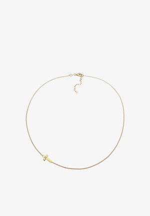 Fin guldkæde med et lille vandret korsvedhæng med en central ædelsten og lukkemekanisme med hummerlås.