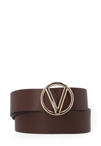 Brown leather belt with a textured finish, featuring a round gold-tone buckle with a stylized "V" logo. Double-looped design.