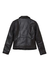 Veste en cuir noir au design ajusté, avec un col cranté et des détails de couture visibles dans le dos et les manches. Texture lisse.