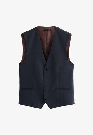 Navyblauer Weste, strukturiertes Gewebe, tiefer V-Ausschnitt, sechs Knopfverschluss, zwei Vorderaschen, burgunderfarbenes Futter, ärmellos, taillierte Passform.