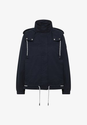 Veste à capuche bleu marine avec col montant, poches avant, cordons blancs ajustables sur la capuche et l'ourlet, et détails à boutons-pression sur la capuche.