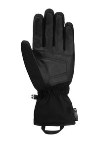 Black gloves combining leather and fabric. Features include five fingers, a cinched wrist, and a loop for hanging. Waterproof material.