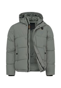 Veste d'hiver grise rembourrée avec capuche, fermeture éclair noire partiellement ouverte, boutons-pression et deux poches avant avec boutons.